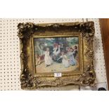 A GILT FRAMED PORCELAIN PLAQUE DEPICTING CHILDREN PLAYING IN THE GARDEN SIGNED LOWER RIGHT A J