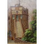 AN OIL ON BOARD DEPICTING A WATCHTOWER