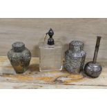 TWO ORIENTAL WHITE METAL TEA FLASKS - ONE FEATURING MOUNT FUJI, TOGETHER WITH A SPECIMEN VASE & AN