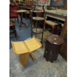 AN EASTERN OCCASIONAL TABLE, A VINTAGE OAK DUMB WAITER AND A BUTTERFLY STOOL (3)