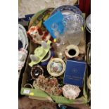 A TRAY OF ASSORTED CERAMICS AND GLASSWARE TO INCLUDE DECANTER, ROYAL DOULTON DICKENS WARE ETC
