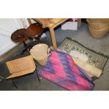 THREE VINTAGE RUGS TOGETHER WITH TWO WINE TABLES, MAGAZINE RACK AND PAPER BIN (7)