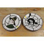 TWO BRISTOL LEADED LIGHTS POTTERY PLATES, ONE DEPICTING A PILGRIM PURITAN, THE OTHER A BLACK CAT