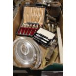A TRAY OF ASSORTED METALWARE TO INCLUDE MINORS LAMP, LIDDED TUREEN ETC