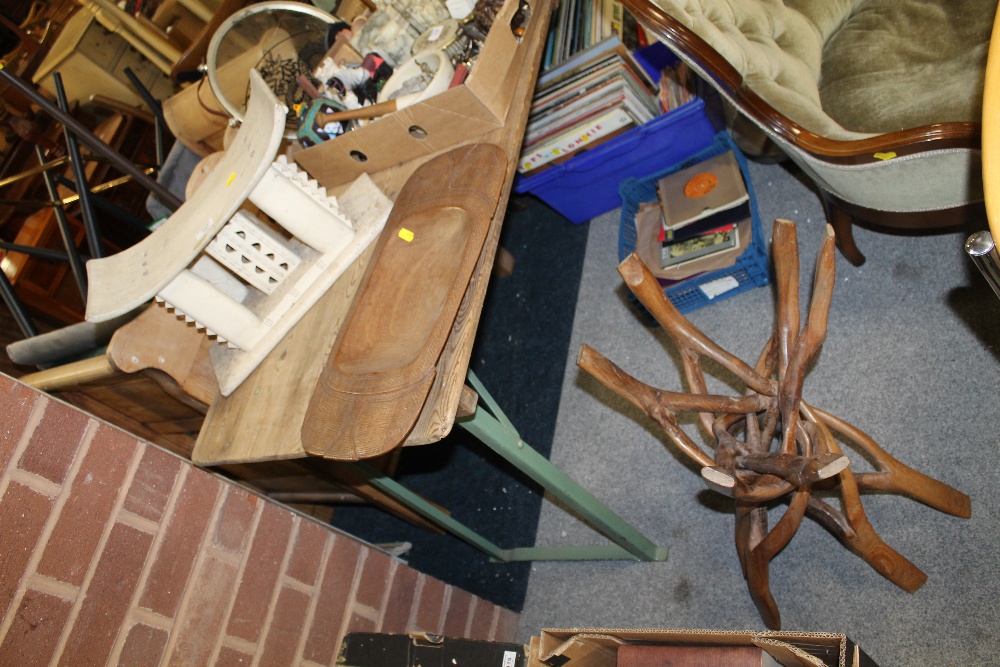 THREE ITEMS OF TREEN COMPRISING AN AFRICAN CARVED SHALLOW RECTANGULAR BOWL, A FOLDING HARDWOOD