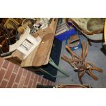 THREE ITEMS OF TREEN COMPRISING AN AFRICAN CARVED SHALLOW RECTANGULAR BOWL, A FOLDING HARDWOOD