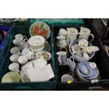 TWO TRAYS OF ASSORTED CERAMICS TO INC WEDGWOOD JASPERWARE, A CHAMELEON FIGURE, ETC