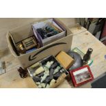 A BOX OF ASSORTED COLLECTABLES TO INC SILVER PLATED WARE, CHESS PIECES ETC