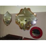 A VINTAGE SHAPED AND ETCHED WALL MIRROR W-86 CM, A VINTAGE DECO EXAMPLE AND A CIRCULAR MIRROR (3)