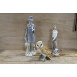 A LLADRO FIGURE OF GENTLEMAN TOGETHER WITH A LARGER SIMILAR SPANISH FIGURE AND A BESWICK LARGE OWL