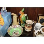 FOUR ITEMS OF VINTAGE CERAMICS TO INCLUDE A MALING BOWL AND A GARNIER PARROT JUG