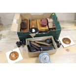 A TRAY OF VINTAGE COLLECTABLES TO INC MUSICAL BOXES, VINTAGE OPERA GLASSES, SPECTACLES ETC