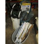 A PLASTIC GARDEN CADDY AND CONTENTS, A SPRAYER, SOILS SPIKES ETC