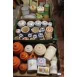 THREE TRAYS OF KITCHENALIA TO INCLUDE MODERN AND VINTAGE STORAGE JARS, ENAMEL ITEMS ETC