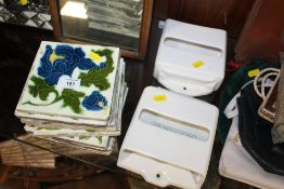 A SELECTION OF TUBE LINED ANTIQUE TILES TOGETHER WITH TWO JEYES VINTAGE CERAMIC TISSUE DISPENSERS