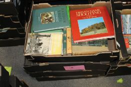 FOUR LARGE TRAYS OF HARDBACK BOOKS ON COUNTRY SPORTS INCLUDING HUNTING SHOOTING AND FISHING