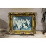 A LARGER GILT FRAMED PORCELAIN PLAQUE DEPICTING PUTTI FIGURES SIGNED LOWER RIGHT GIORGIONE (FADED
