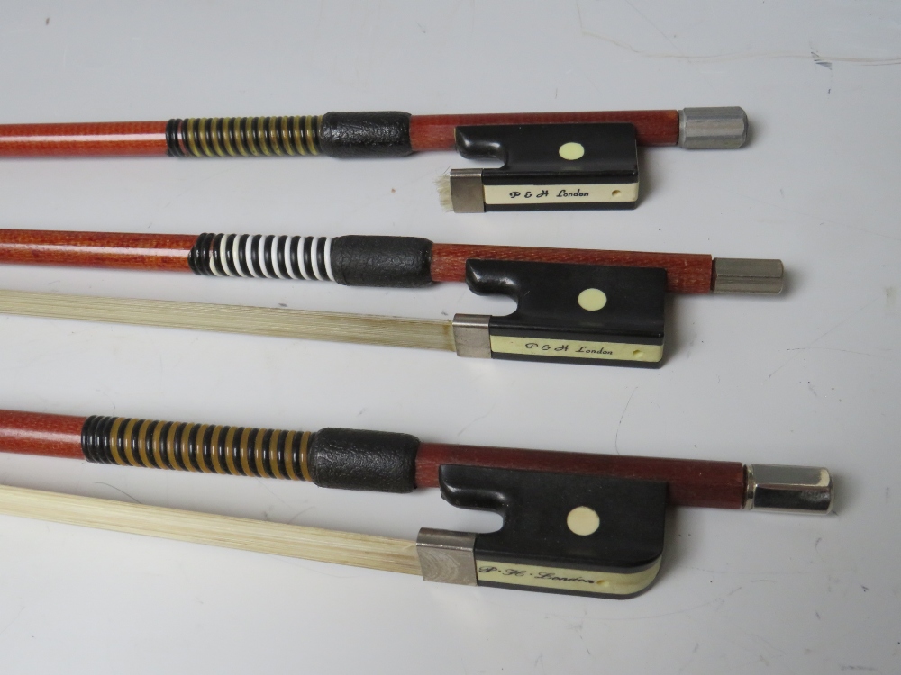 THREE GLASS FIBRE VIOLIN BOWS, one marked P H London, the other tow marked P & H LondonCondition - Image 3 of 7