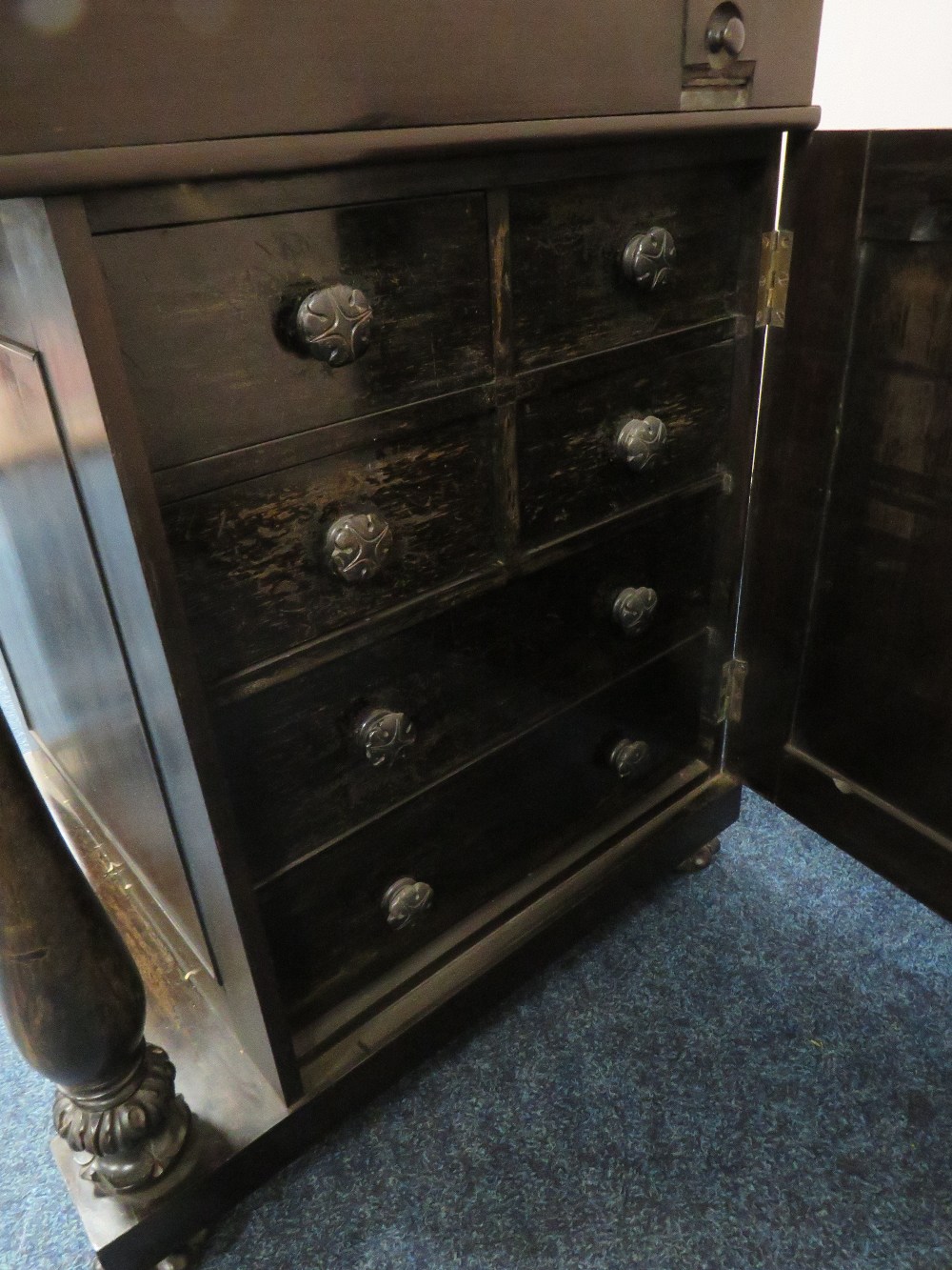 A 19TH CENTURY COLONIAL EBONY DAVENPORT DESK IN THE MANNER OF GILLOWS, the slope with brass gallery - Image 4 of 5