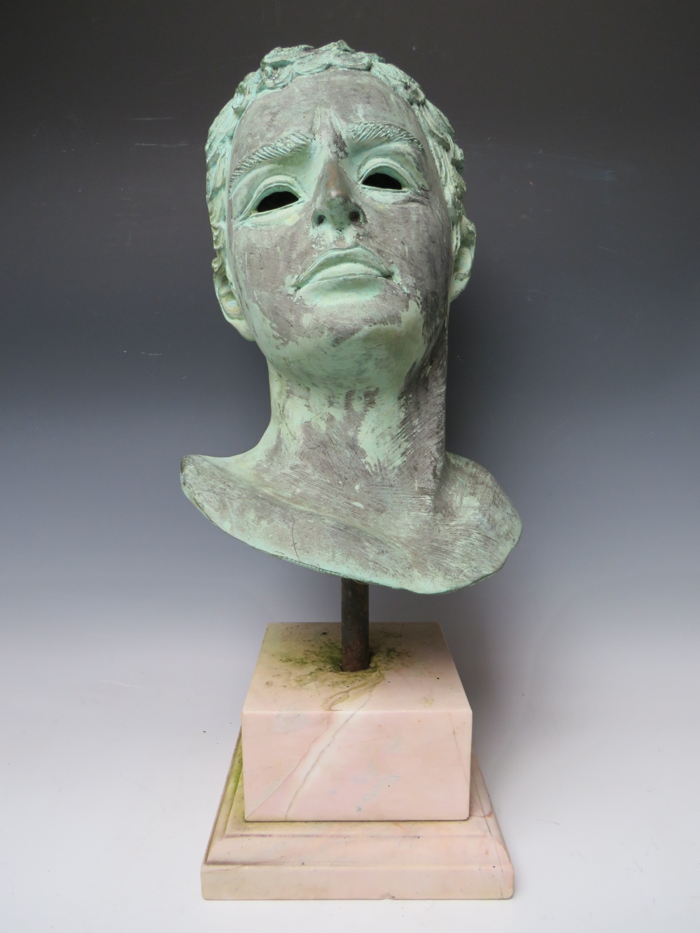 A 20TH CENTURY BRONZE HEAD STUDY OF A ROMAN EMPEROR, set on a square marble base, overall H 60 cm