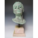 A 20TH CENTURY BRONZE HEAD STUDY OF A ROMAN EMPEROR, set on a square marble base, overall H 60 cm