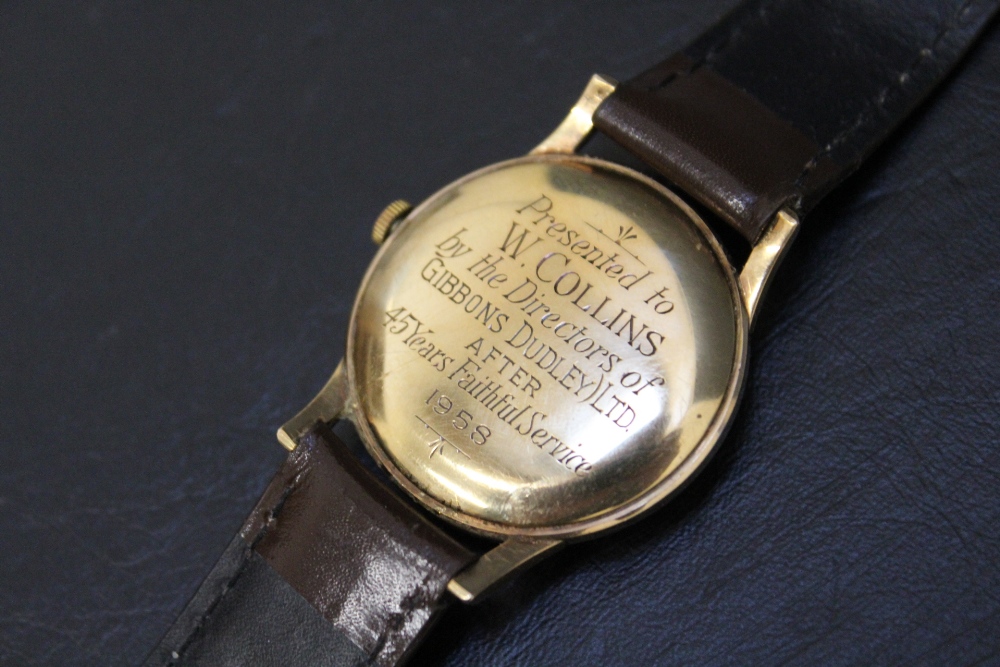 A ROTARY MAXIMUS 9CT GOLD WRIST WATCH, on leather strap with Rotary box, presentation engraving to - Image 3 of 3