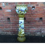 A LARGE BURMANTOFTS FIANCE JARDINIERE AND STAND, paint loss to interior and exterior of bowl,