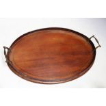 AN INLAID MAHOGANY TWIN HANDLED GALLERY TRAY, W 46 cm