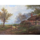 EDWIN TAYLOR (XIX). A wooded rural landscape with sheep and figures before a thatched cottage,