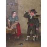 (XIX). Continental naive school, kitchen interior with man & woman, unsigned, oil on canvas, framed,