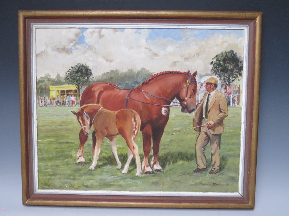 ESMOND JEFFRIES (XX). 'At The Horse Show', signed and dated 1985 lower right, oil on board, - Image 2 of 5