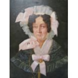 (XIX). A portrait study of a lady with white bonnet and gold necklaces, unsigned, oil on canvas,