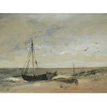 J, STANNARD. Stormy coastal scene with figure and beached fishing boats, signed with initials and