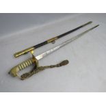 A 20TH CENTURY ELIZABETH II DECORATIVE NAVAL OFFICERS DRESS SWORD, with gold metal hand guard, in