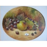 CHRISTOPHER HUGHES (XX). An oval still life study of fruit on a mossy bank, signed lower right, wate