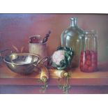 BOJTOR KAROLY (b.1933). Continental school, still life study of glass jars, brassware & vegetables