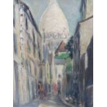 (XIX-XX). A street scene in Monmartre with dogs and figures, Sacre Coeure in background, unsigned,