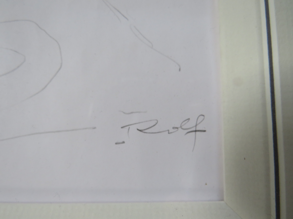 ROLF HARRIS (b.1930). Comical figure study of a man at a table 'The End', see verso, signed lower - Image 4 of 5