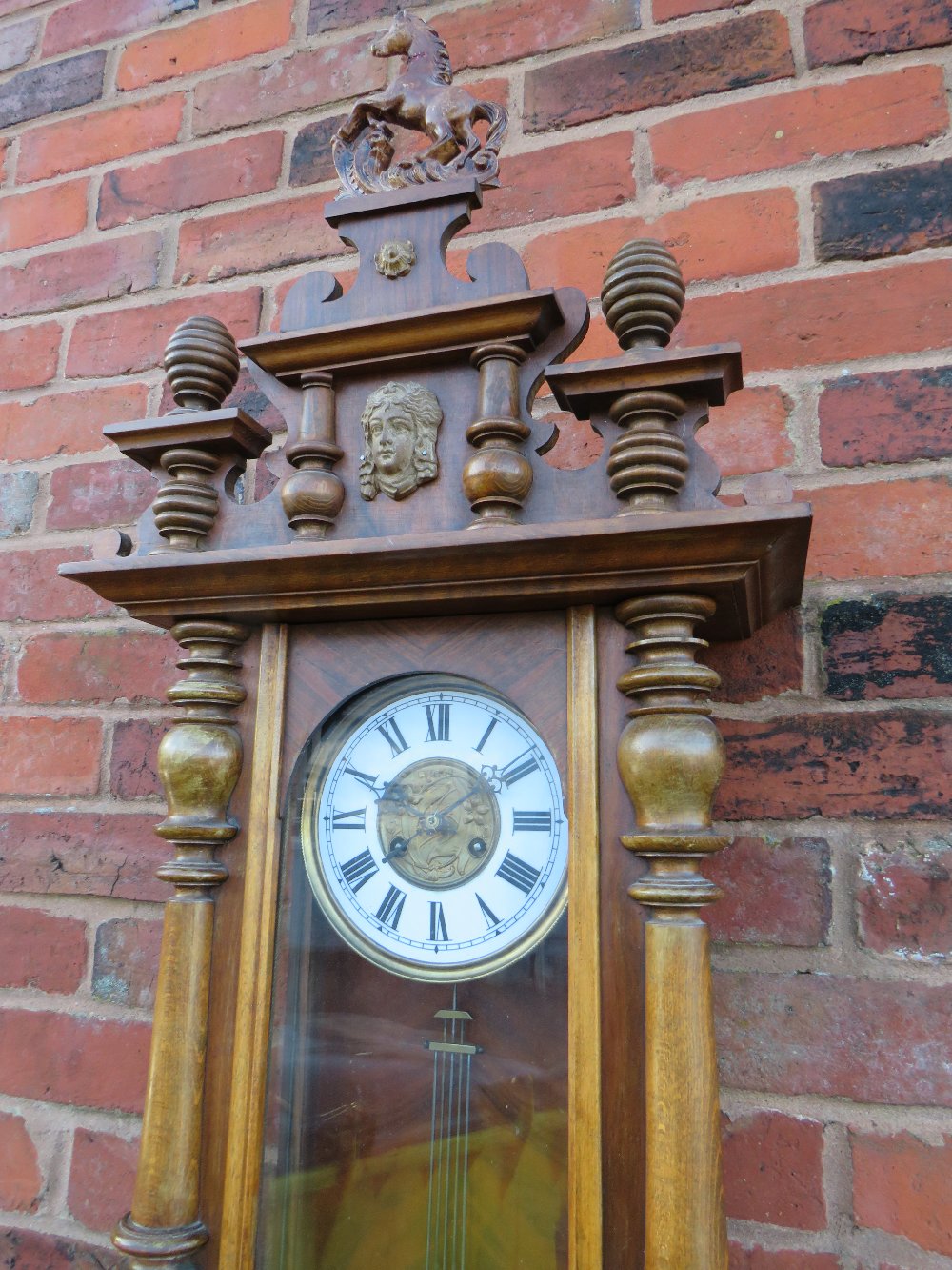 A LARGE GONG STRIKE VIENNA WALL CLOCK, the tall case comprising of oak pillars, mahogany veneered - Image 2 of 12