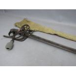 A VINTAGE DRESS SWORD WITH METAL HAND GUARD, inscribed on top of blade H.W.C. (blade loose), in a