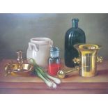 BOJTOR KAROLY (b.1933). Continental school, still life study of bottles, pot & brassware on a table,