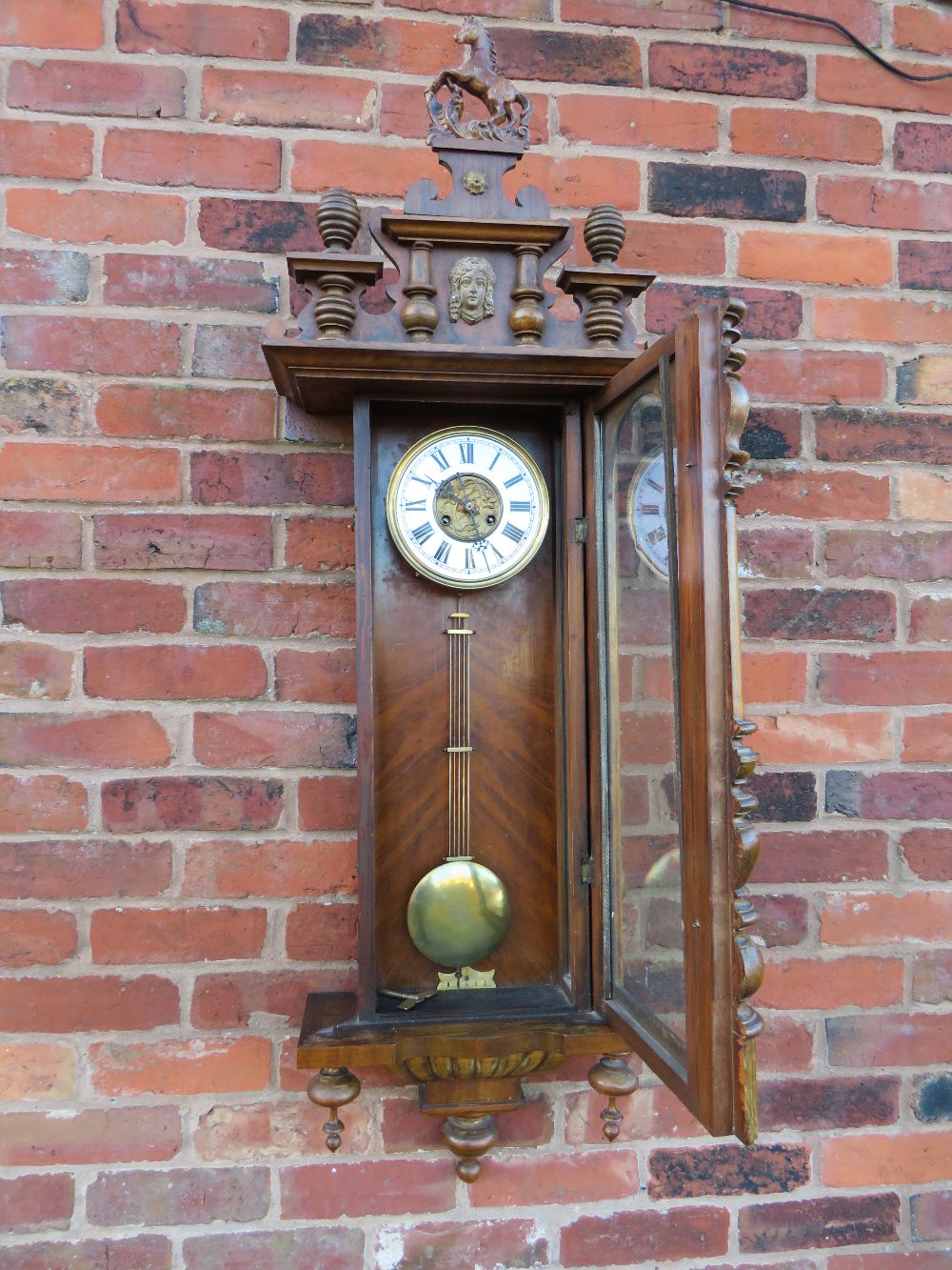 A LARGE GONG STRIKE VIENNA WALL CLOCK, the tall case comprising of oak pillars, mahogany veneered - Image 12 of 12