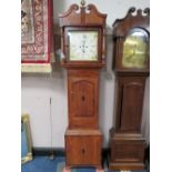 A NINETEENTH CENTURY OAK AND MAHOGANY LONGCASE CLOCK, with eight day movement, the painted face with