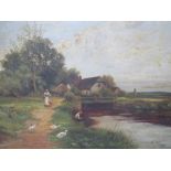 WILL ALLEN. Rural wooded river landscape with figures, ducks and cottage, signed and dated 1913