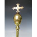 A POLISHED BRASS ECCLESIASTICAL QUATRE CROSS ON ORB PROCESSIONAL STAFF, marked Wayes & Finch, L