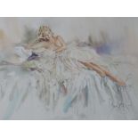 GORDON KING (b.1939). Study of a semi nude woman reclining on a bed 'Serena', signed in pencil lower