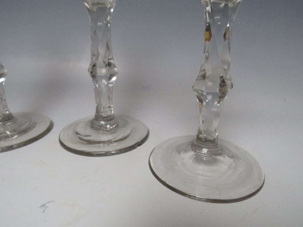 A SET OF FOUR LATE 18TH CENTURY GEORGIAN WINE GLASSES, each having bowl engraved with Oriental and - Image 8 of 8
