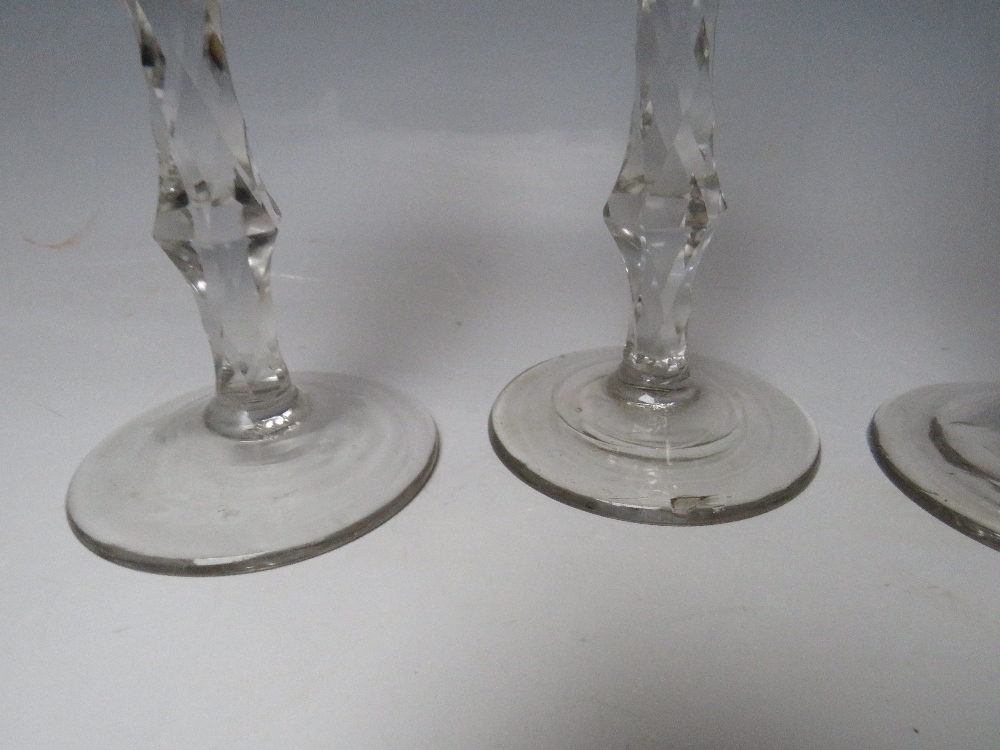 A SET OF FOUR LATE 18TH CENTURY GEORGIAN WINE GLASSES, each having bowl engraved with Oriental and - Image 7 of 8