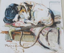 PHILIP E. STRETTON. An early 20th century study of a dog with whip and hat on a blanket 'Waiting for