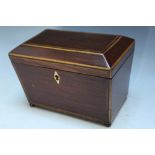 AN INLAID SARCOPHAGUS TEA CADDY, W 18 cm Condition Report:no key, probably matched interior lids